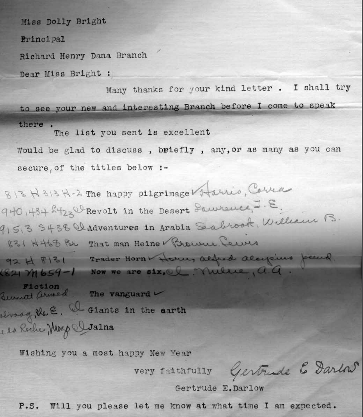 Letter from Gertrude E. Darlow regarding an upcoming speaking engagement at the Richard Henry Dana Branch of the Los Angeles Public Library