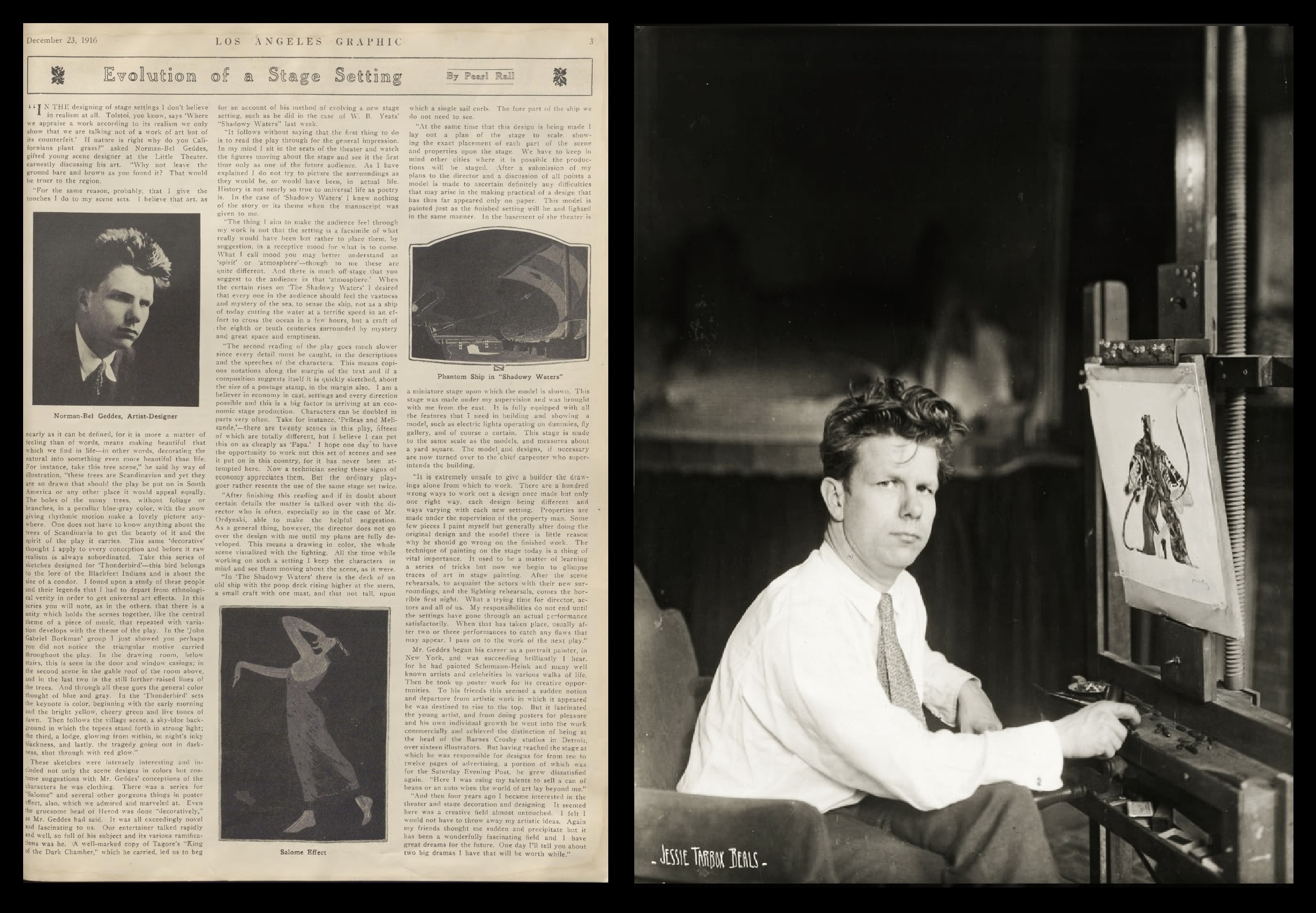 Profile of Bel-Geddes in the December 23, 1916 edition of The Graphic detailing his work with Aline Barnsdall. Norman Bel-Geddes