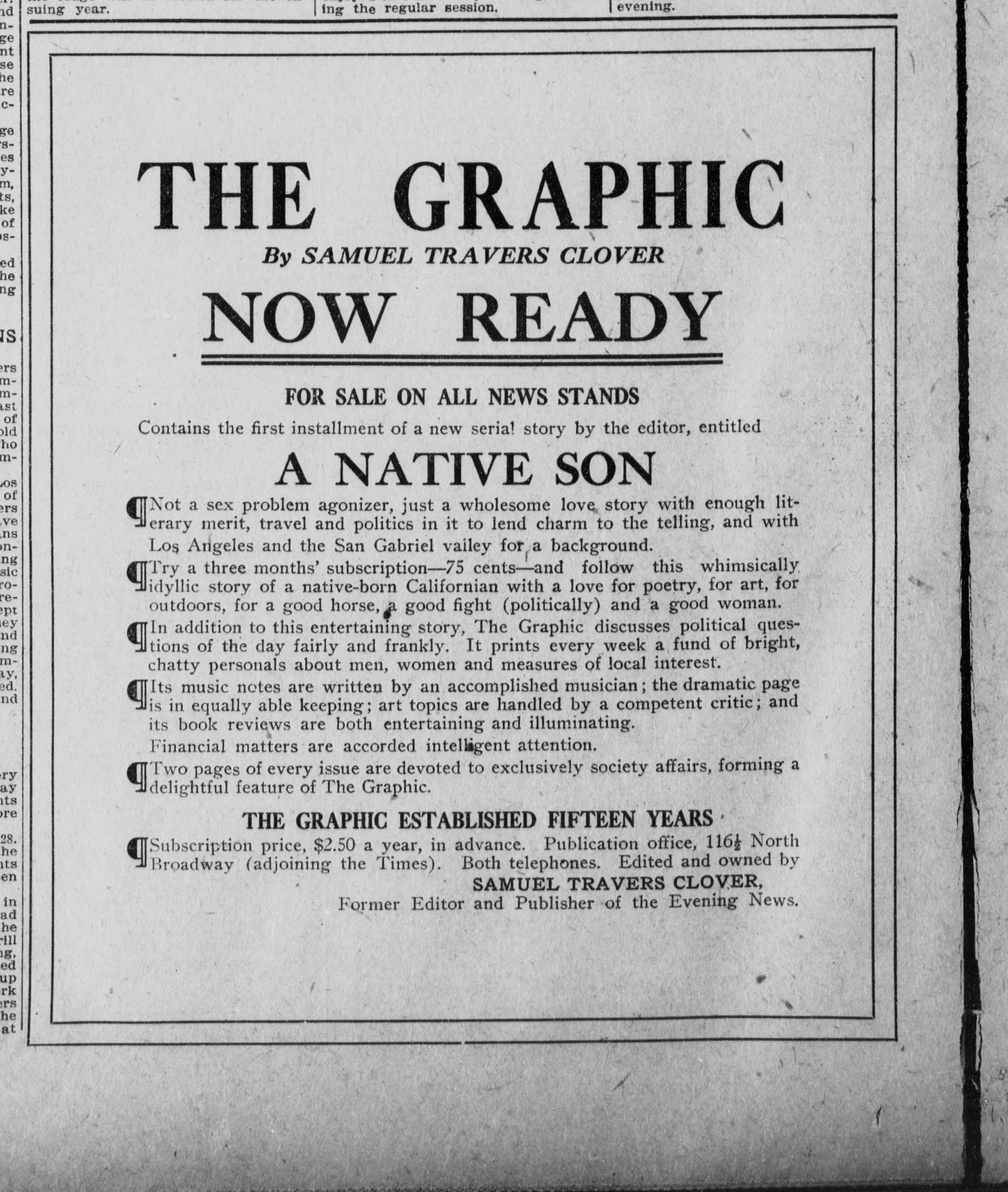 1908 advertisement from the Los Angeles Herald promoting Clover's new serial story, A Native Son. 