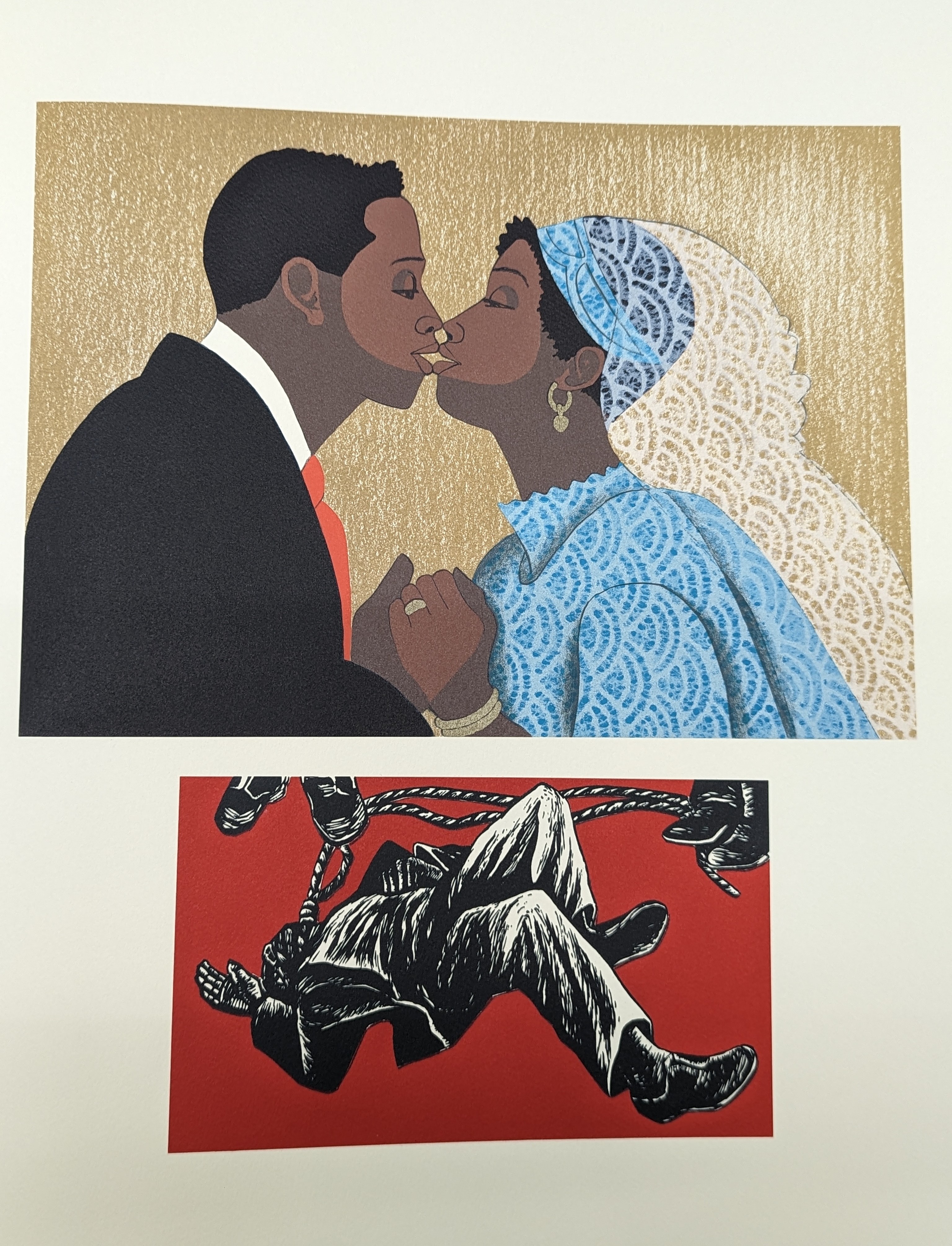 inserts from For My People, man and woman kissing above man hung by a rope