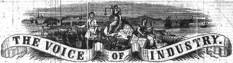 Masthead of the Voice of Industry, a labor newspaper published from 1845-1848