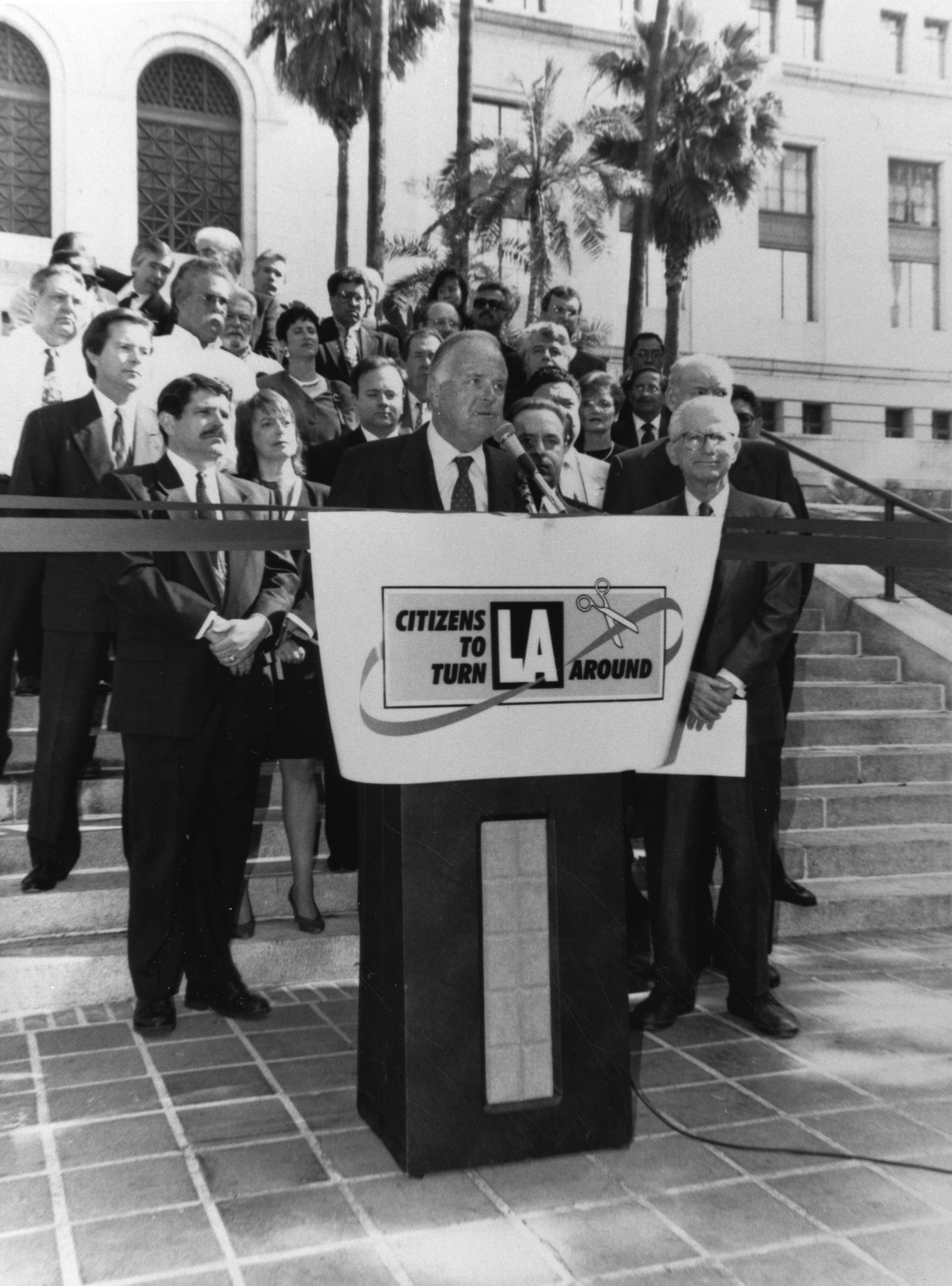 Richard Riordan at a podium