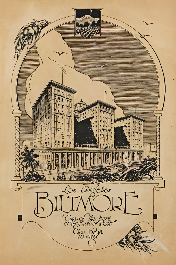1930 pen & ink drawing of the Los Angeles Biltmore Hotel by Harold E. Powe