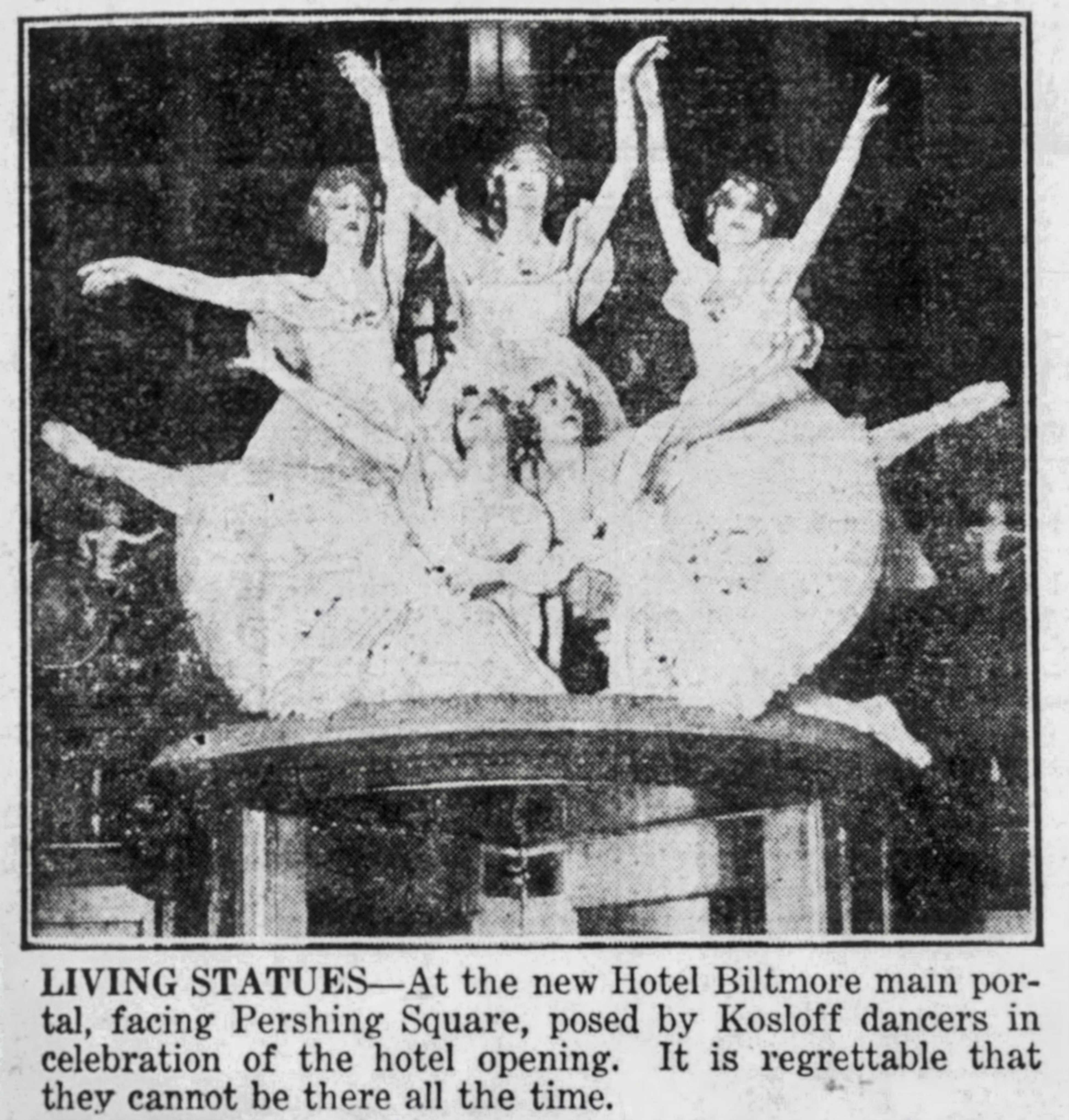 Image appearing in the October 3rd edition of the Illustrated Daily News featuring Theodore Kosloff's dance troupe posing above the Olive Street entrance