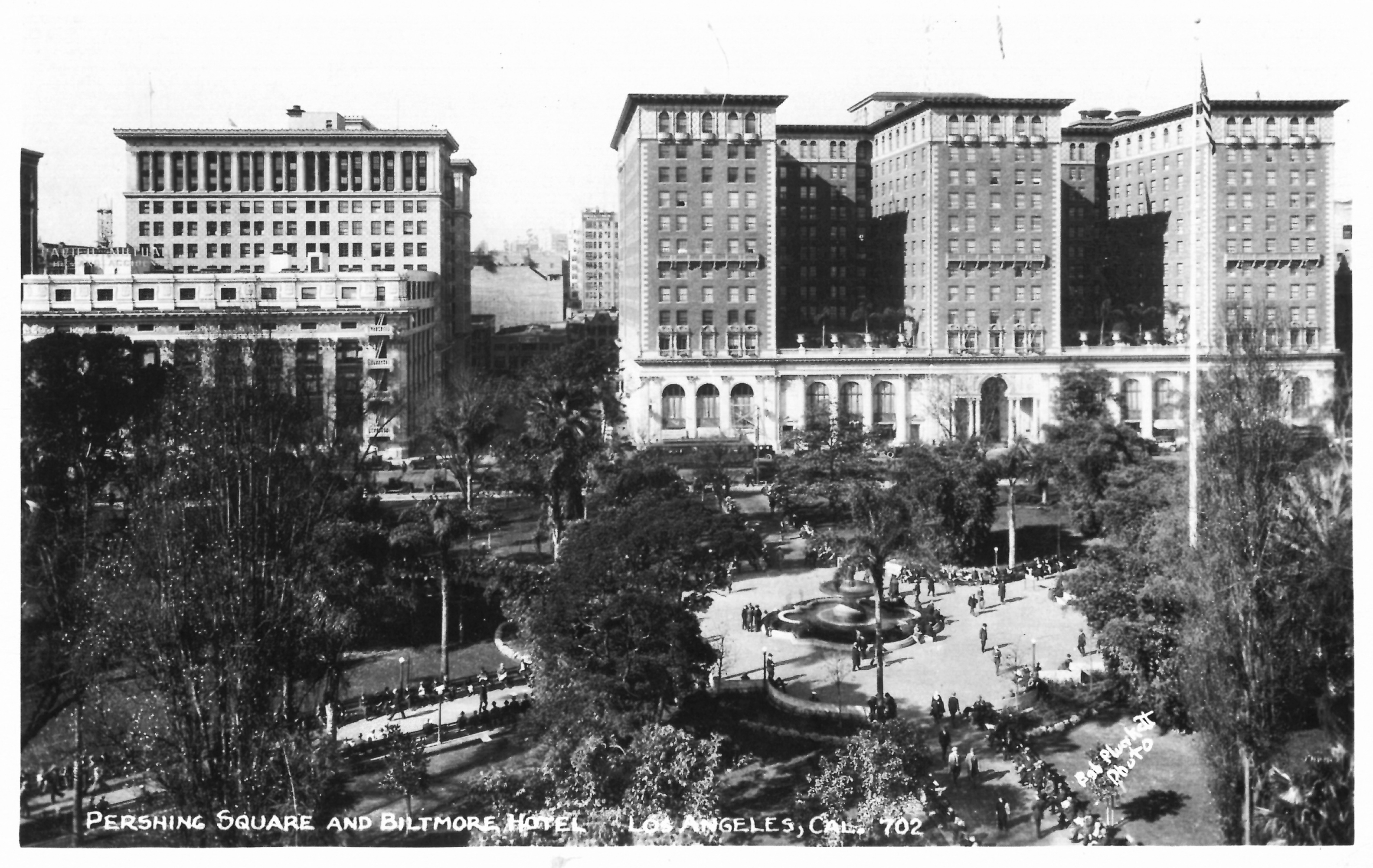 John Parkinson's incarnation of Pershing Square can be seen in the foreground with sculptor Johan Caspar Lachne Gruenfeld's cherub fountain at the center