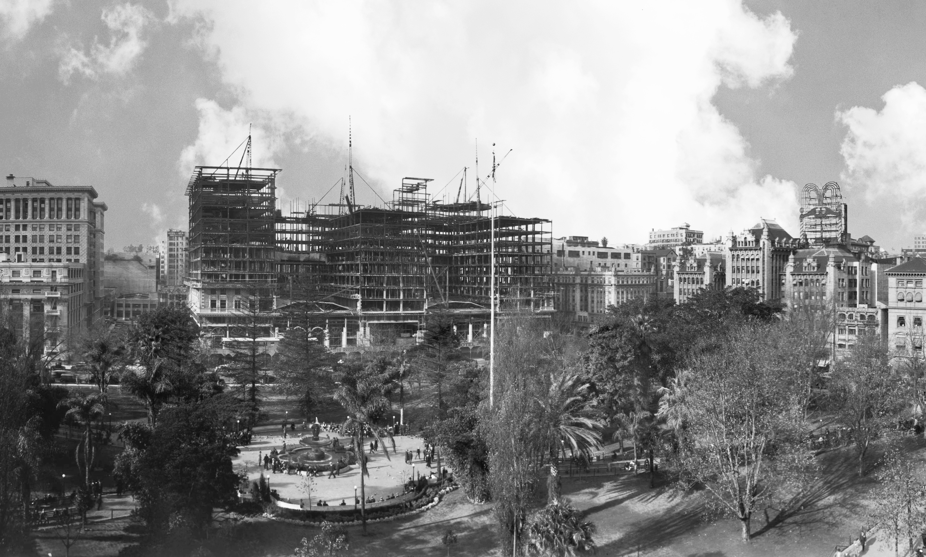 Looking towards the Biltmore during construction with Pershing Square in the foreground