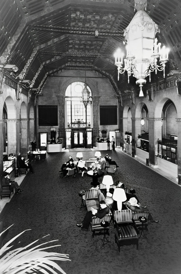 A view of the lobby looking towards the exit. Security Pacific National Bank Collection
