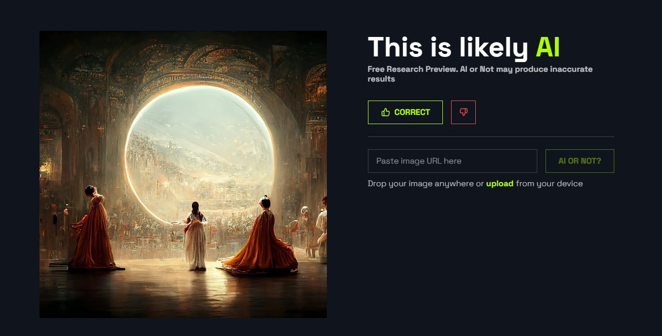 Ai or Not’s judgment of Théâtre D’opéra Spatial, an AI-generated work that won the 2022  Colorado State Fair's annual fine art competition. 