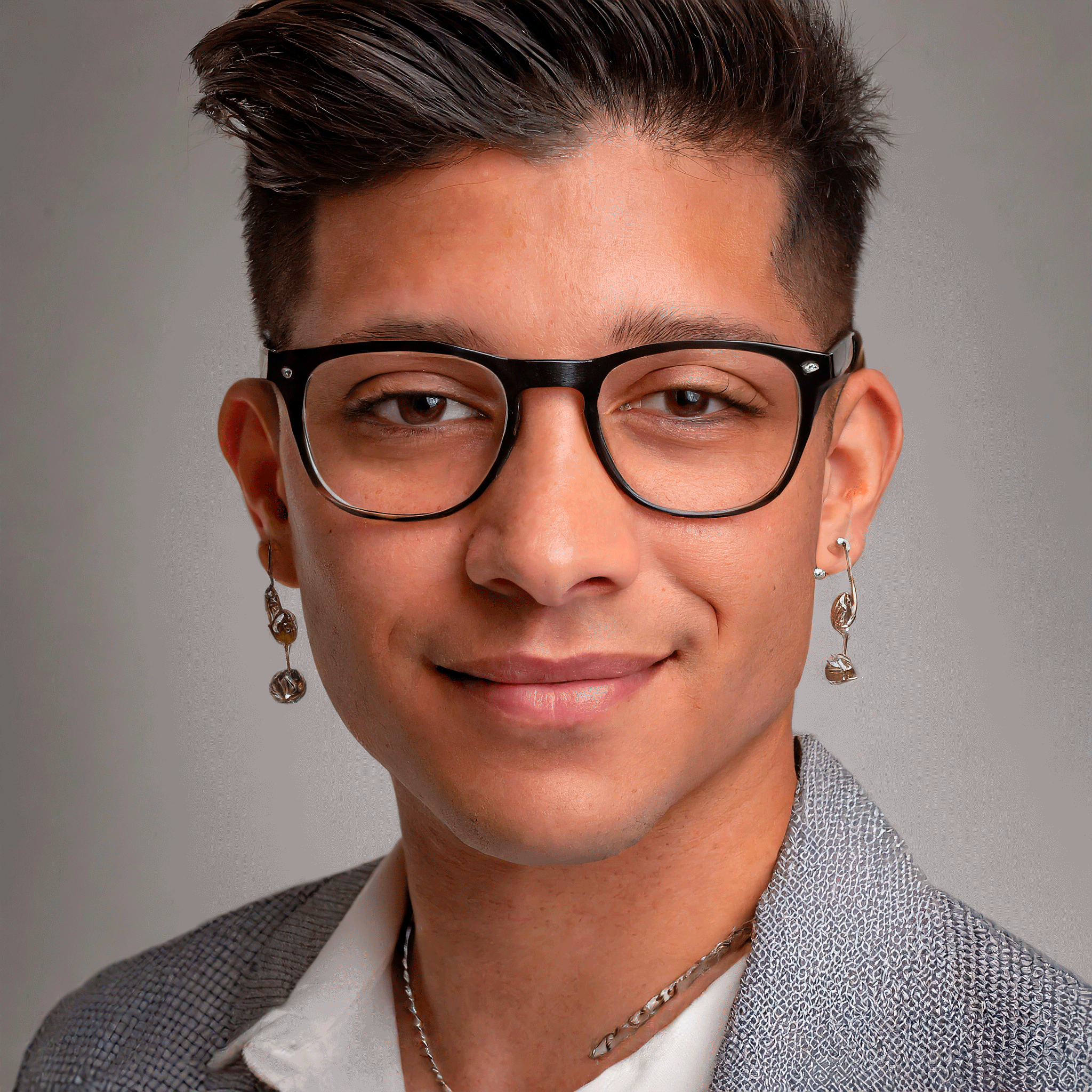 Image made in Adobe Firefox using the prompt “A human wearing glasses and earrings, facing front. Notice that the background is blurry. The collar is different on different sides of the figure’s body. The earrings don’t match, and the necklace doesn’t connect. 