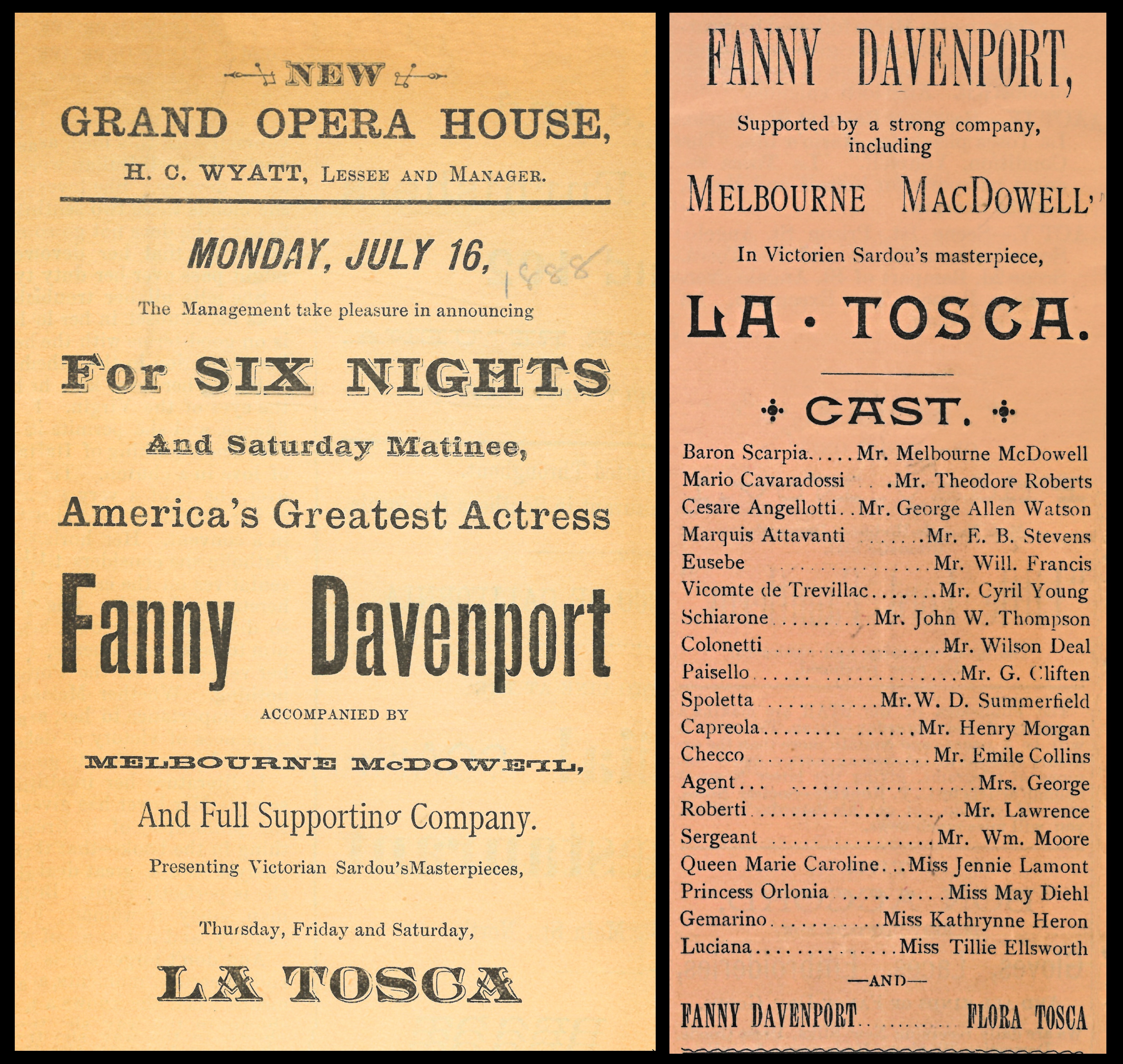 Programs from Davenport’s 1888 run in La Tosca.