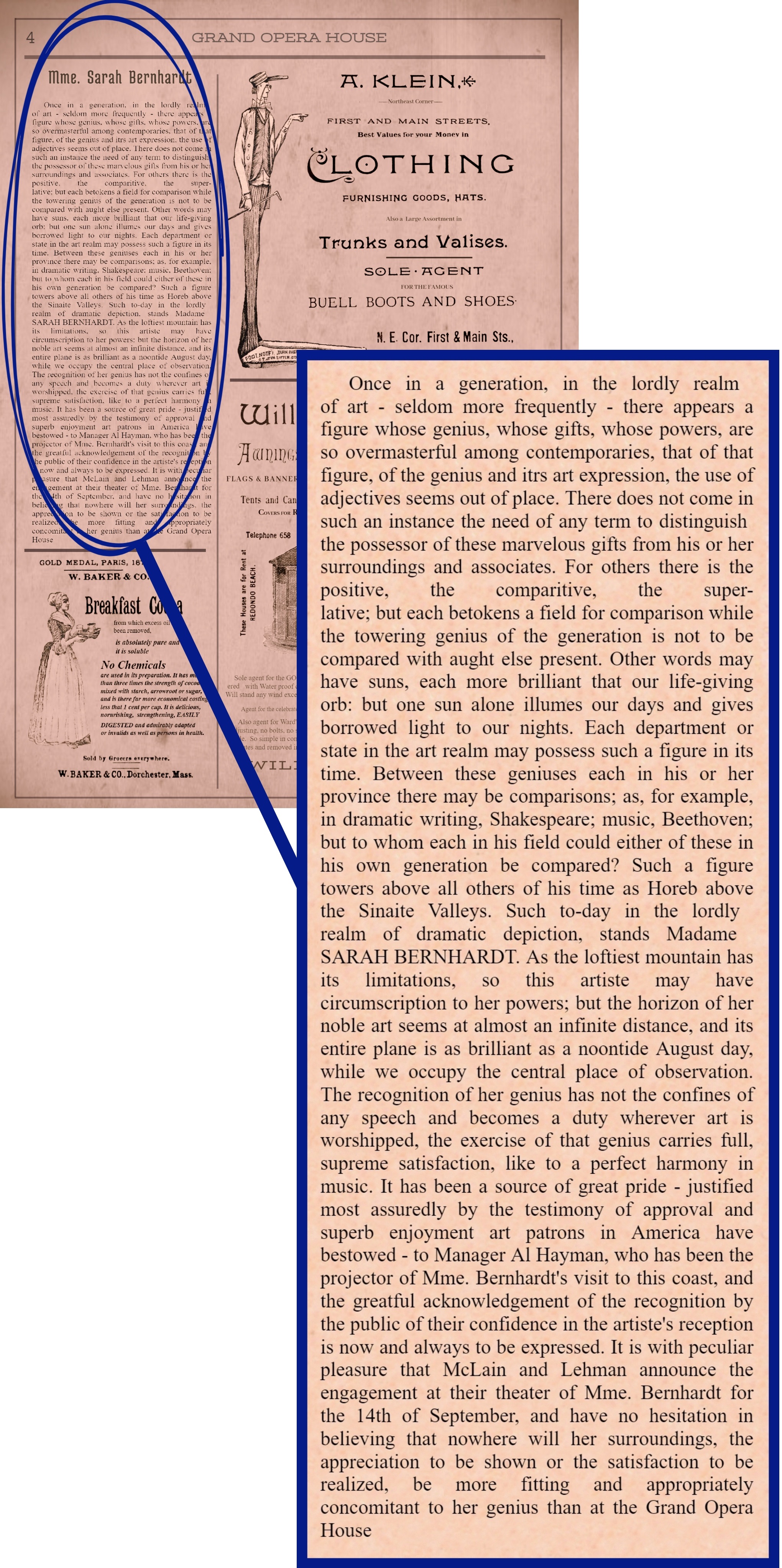 Page from the Grand Opera House program for the weeks leading to Bernhardt’s performance