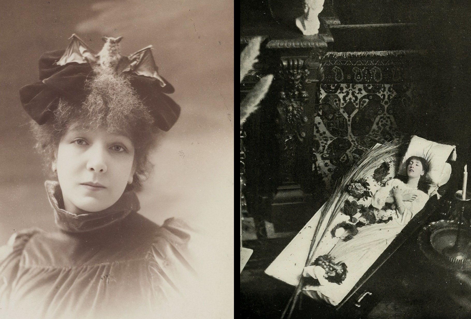 (L)Sarah and her taxidermied bat hat. (R)Sarah sleeping in a coffin