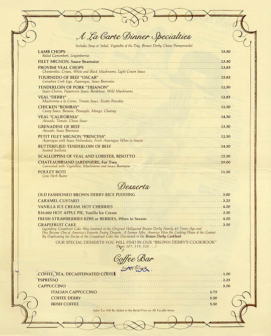 A 1987 menu from the Pasadena location of the Brown Derby