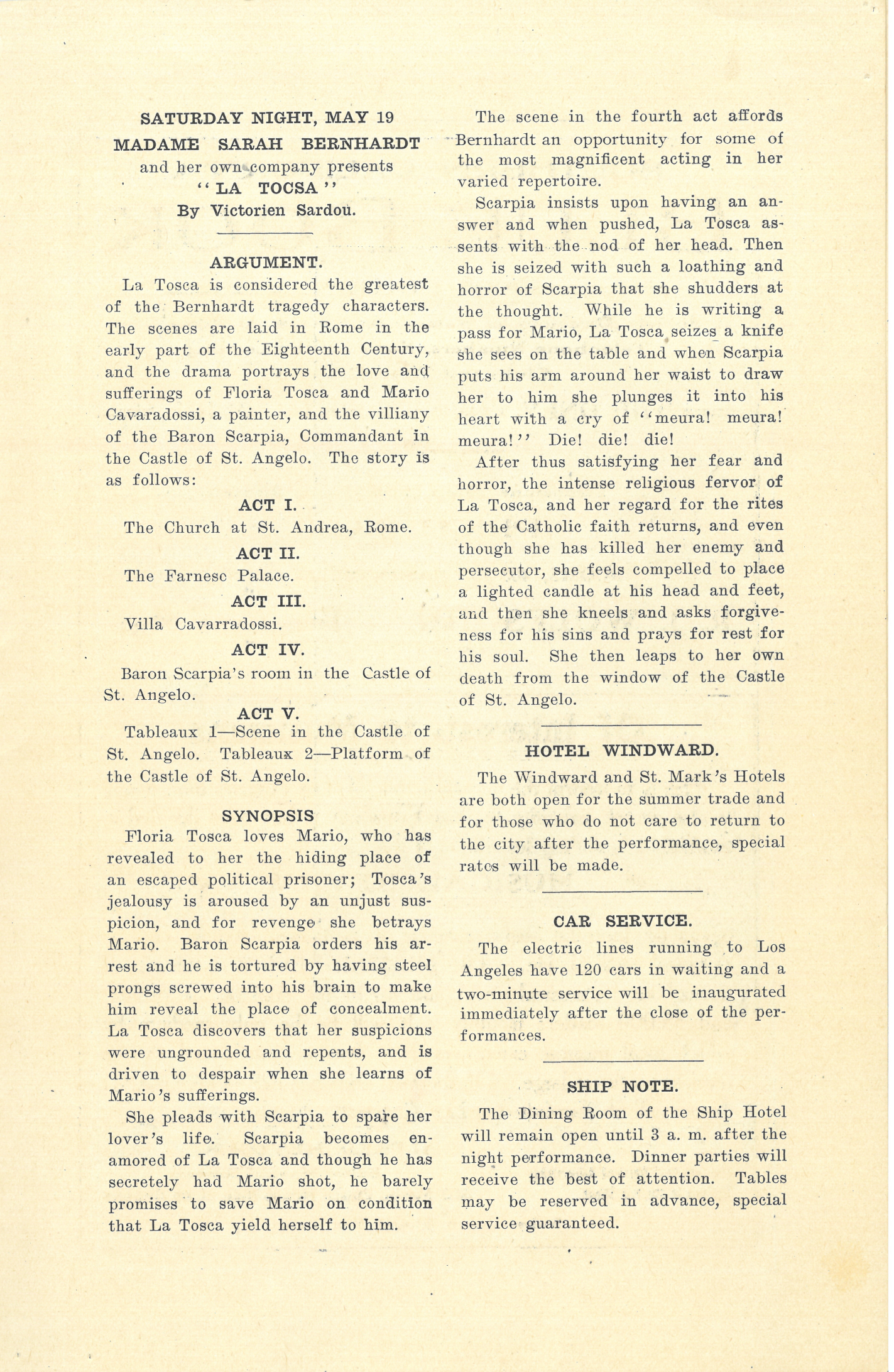 Pages from the original Venice Auditorium program for La Tosca