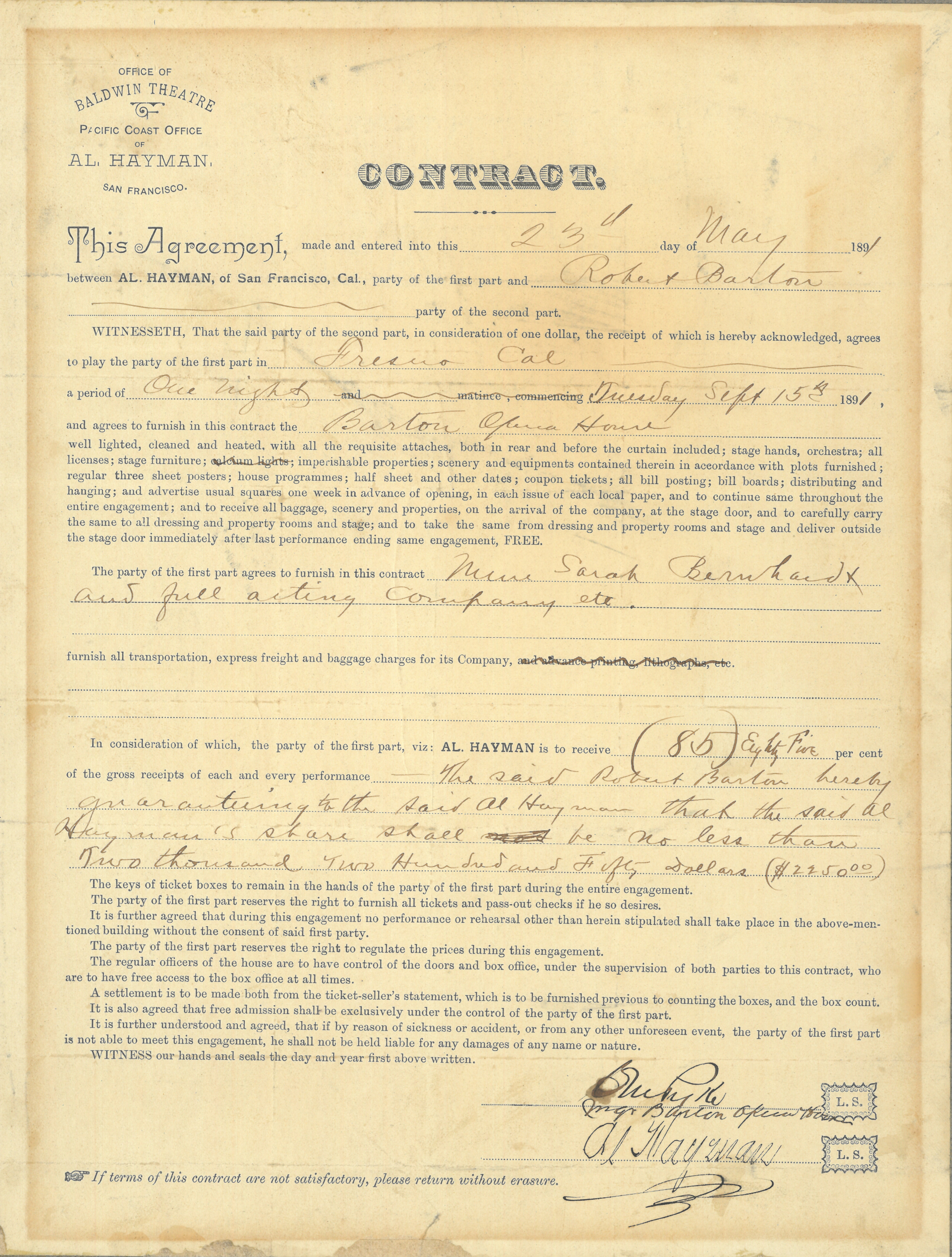 Bernhardt’s contract for her 1891 appearance at Fresno’s Barton Opera House