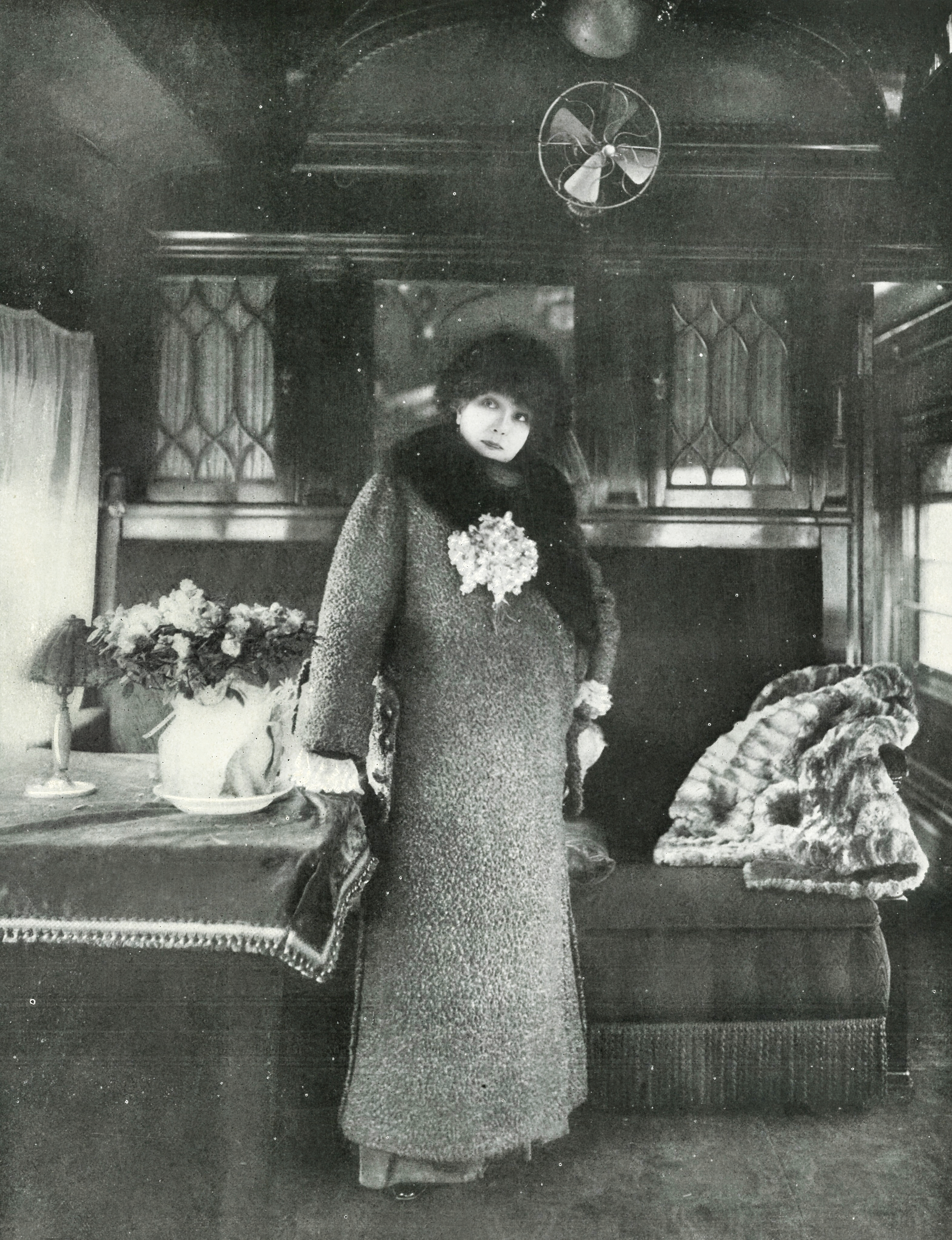 Sarah Bernhardt inside her private car, 1913