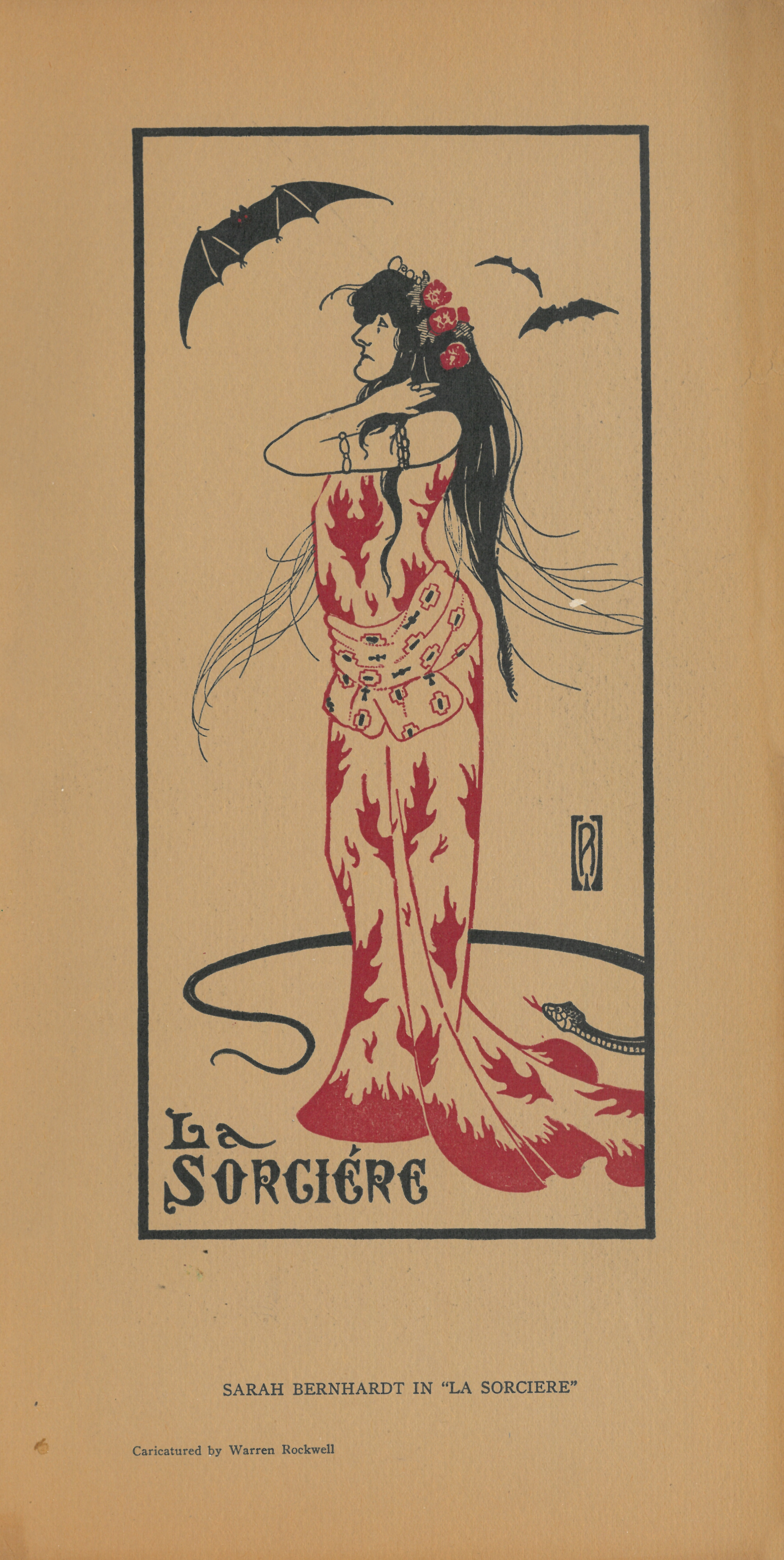 Caricature of Bernhardt in La Sorciere