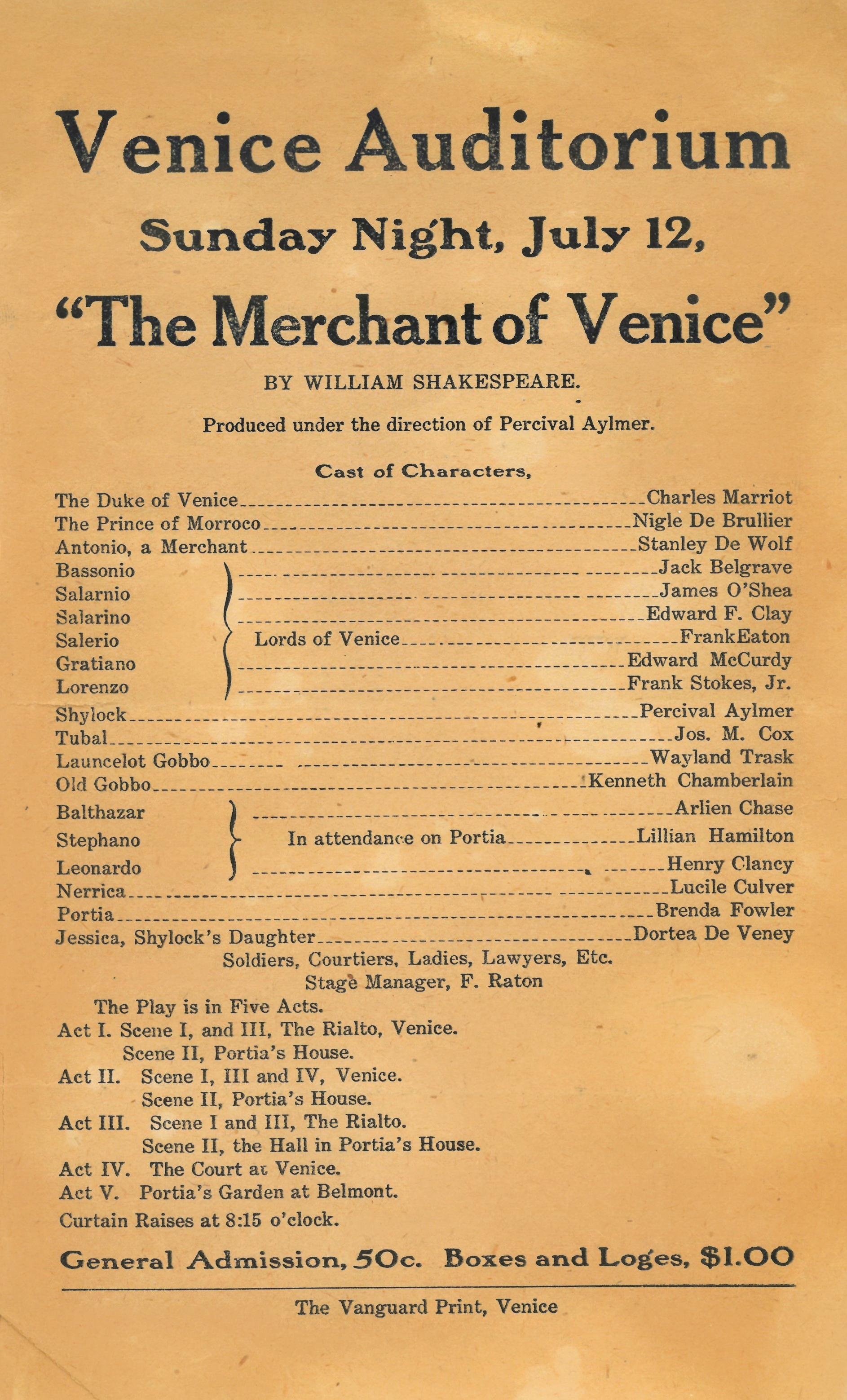 The program for the July 12, 1908 production of The Merchant of Venice