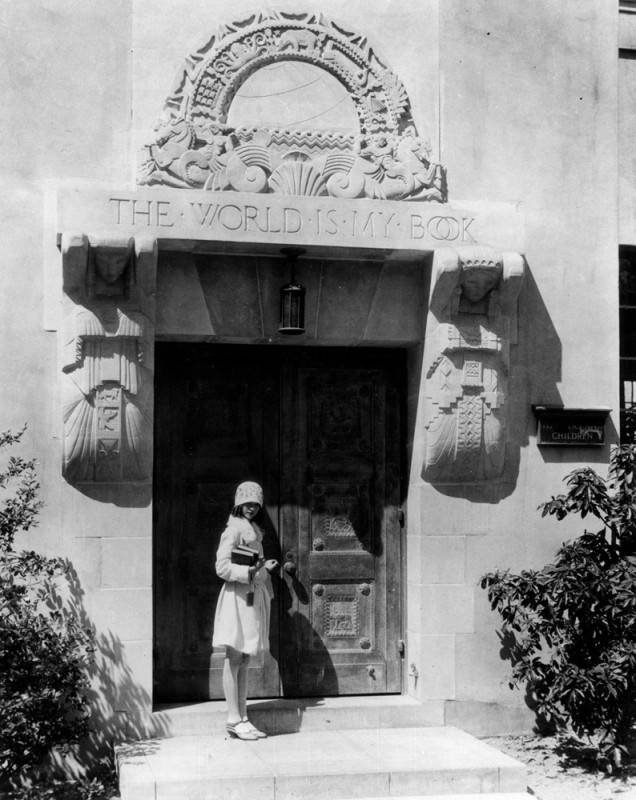 View of the entrance off the east lawn to Central Library's Children's Room 1928