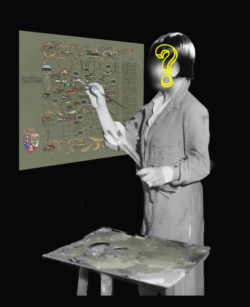 woman with a question mark covering her face painting a mural near an easel