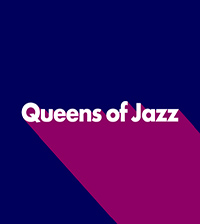 a square graphic of purples, plums and whites with the words Queens of Jazz spelled out