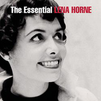 an album cover for the Essential Lena Horne. A black and white photograph of a young Lena Horne smiling and looking up