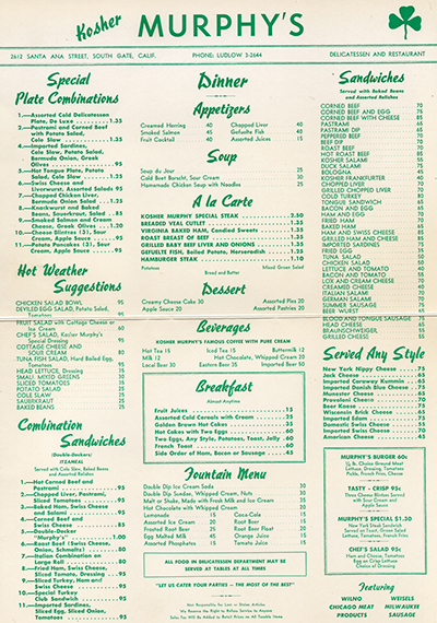 Kosher Murphys menu