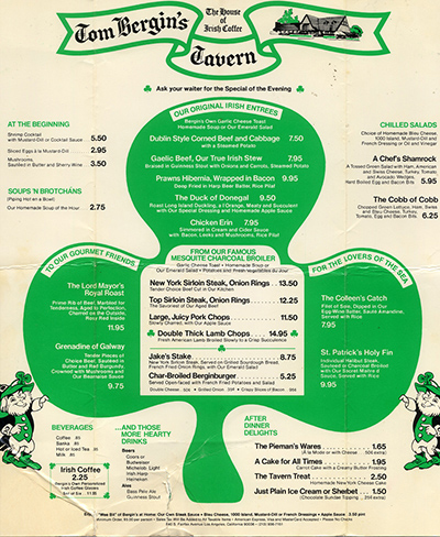 Tom Bergins restaurant menu