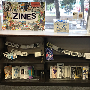 zine collection on a bookshelf