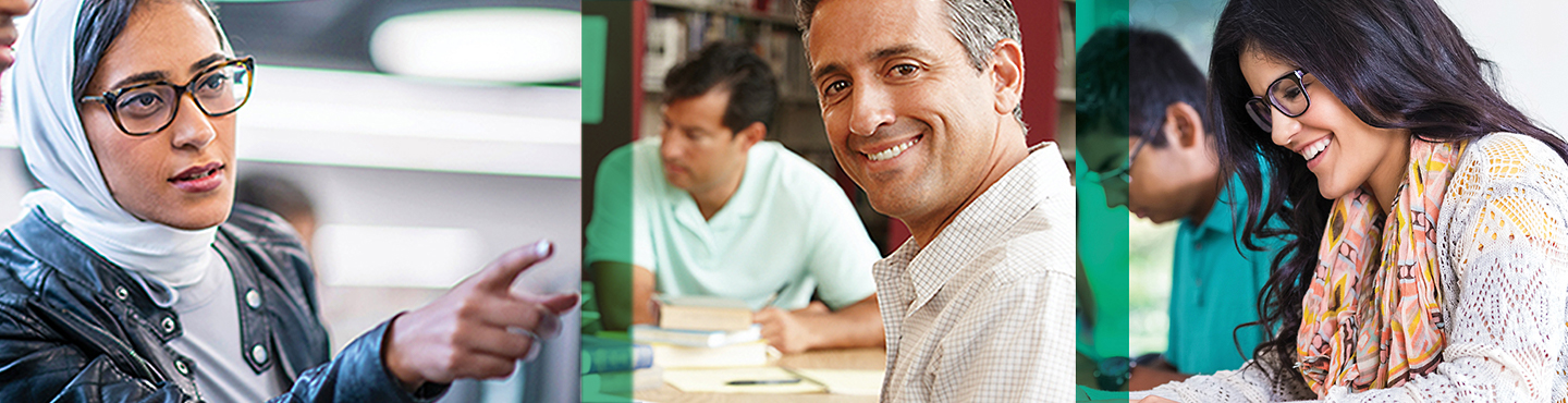 three images of people studying and working