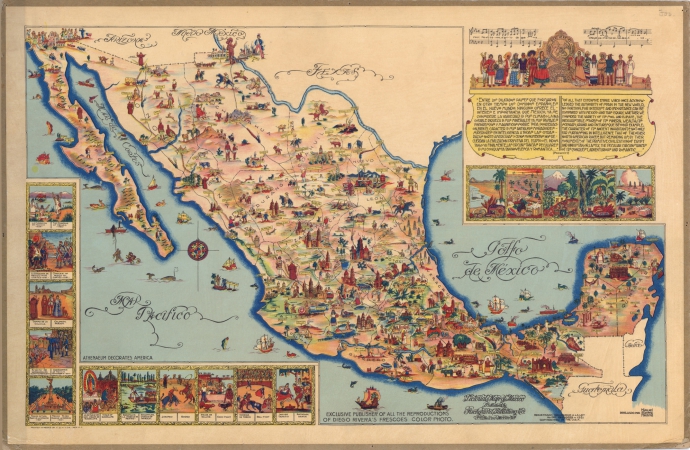 Map of Mexico with inset historical and cultural drawings, music, and text in Spanish and English.