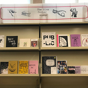 Zines on a shelf