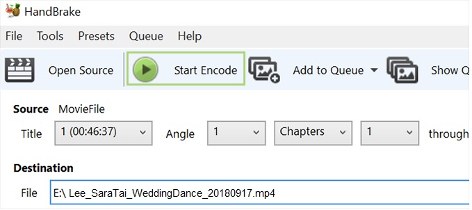 Handbrake screen with Start Encode highlighted
