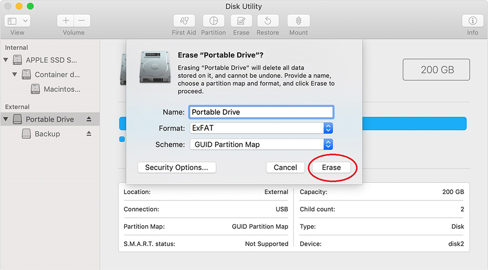 Disk Utility - Erase circled