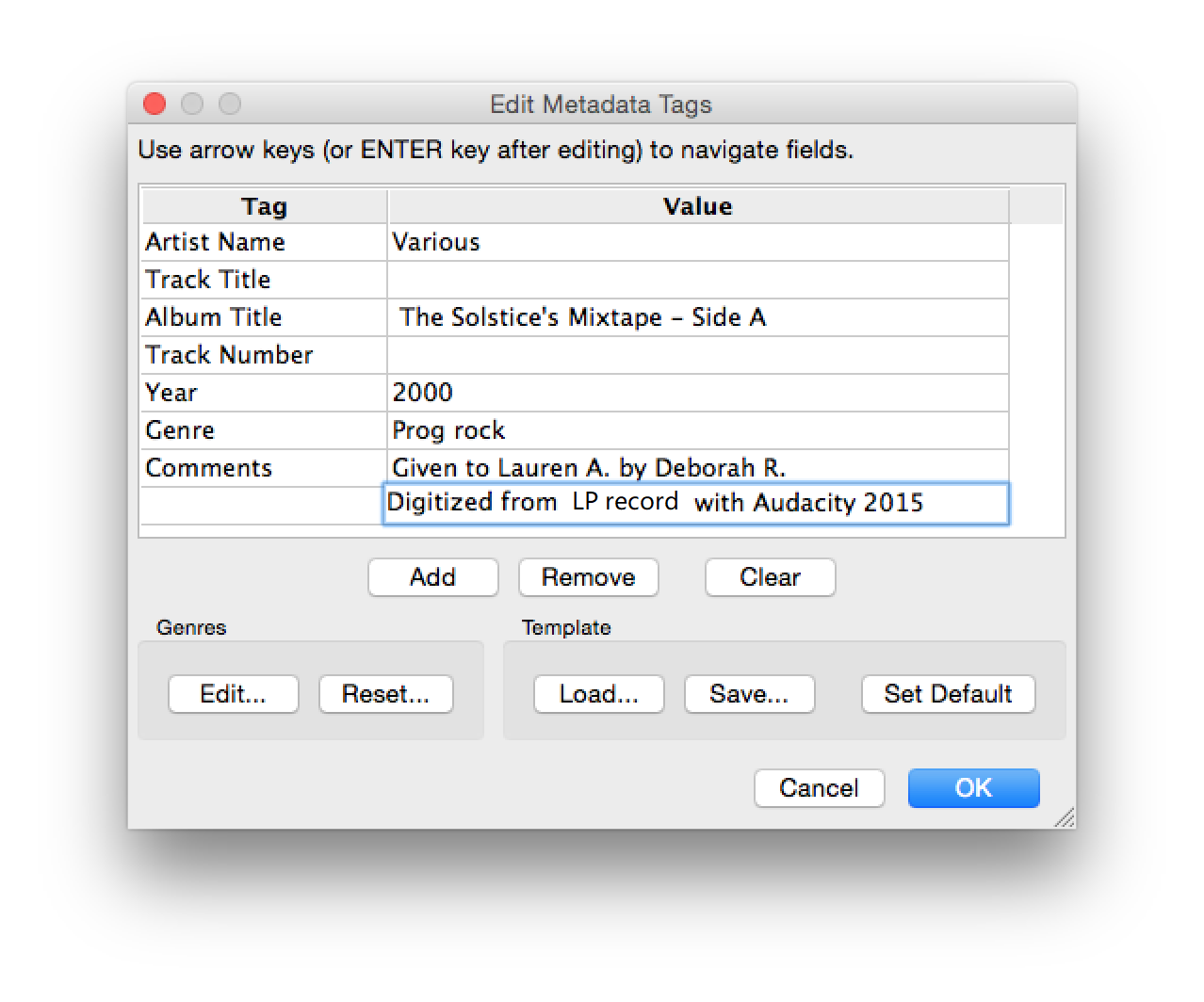 Audacity metadata
