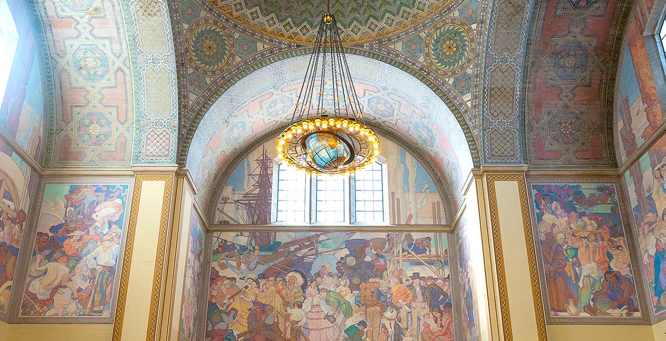 Upward shot of Central Library's rotunda and its ceiling