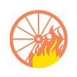 an orange wheel spoke with a yellow flame