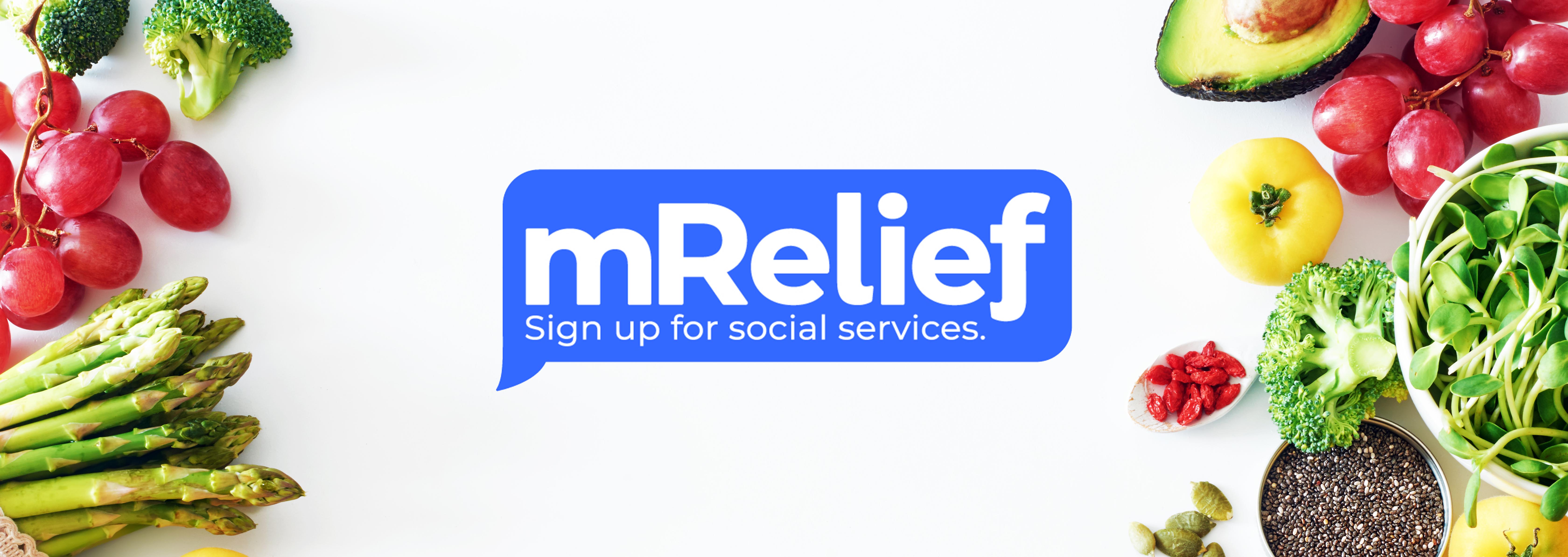background of fresh fruits and vegetables plus the mrelief logo