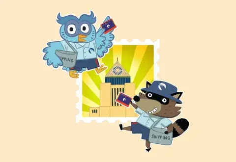 Owl and Racoon with stamp of the Central Tower