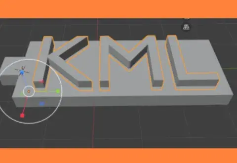 3d model of a keychain with the text KML on it, as seen in the software Blender.