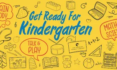 Get ready for kindergarten in blue text surrounded by yellow background