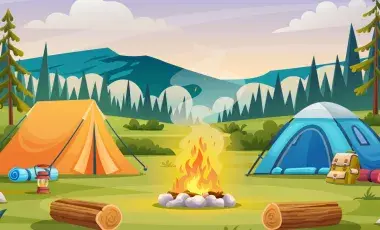 Two tents between a campfire in the woods