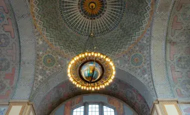 globe chandelier located in the Central Library rotunda