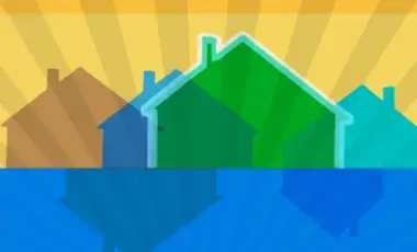 outline of three houses on a yellow background