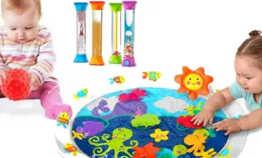One baby playing with a textured ball and another baby crawling over a sensory water mat.