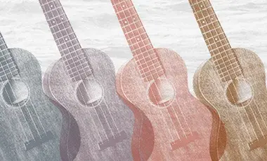 4 Ukuleles in halftone with a background of water