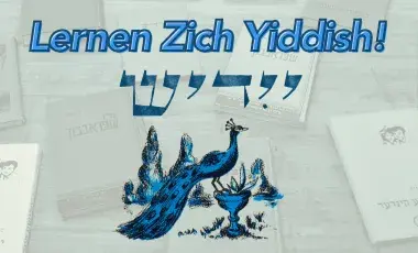blue peacock and blue yiddish writing