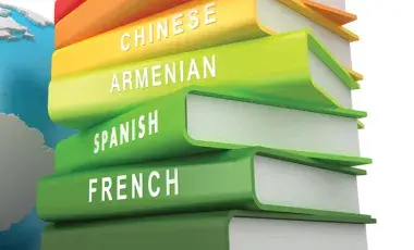 A stack of foreign language learning books.