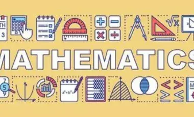 A yellow Mathematics banner bordered by math-related icons. 