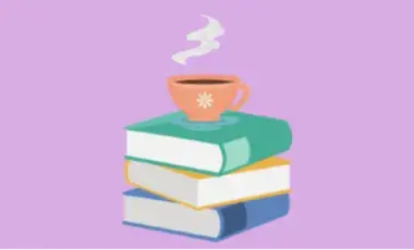 Cartoon books with a carton cup of tea on top on a purple background. 